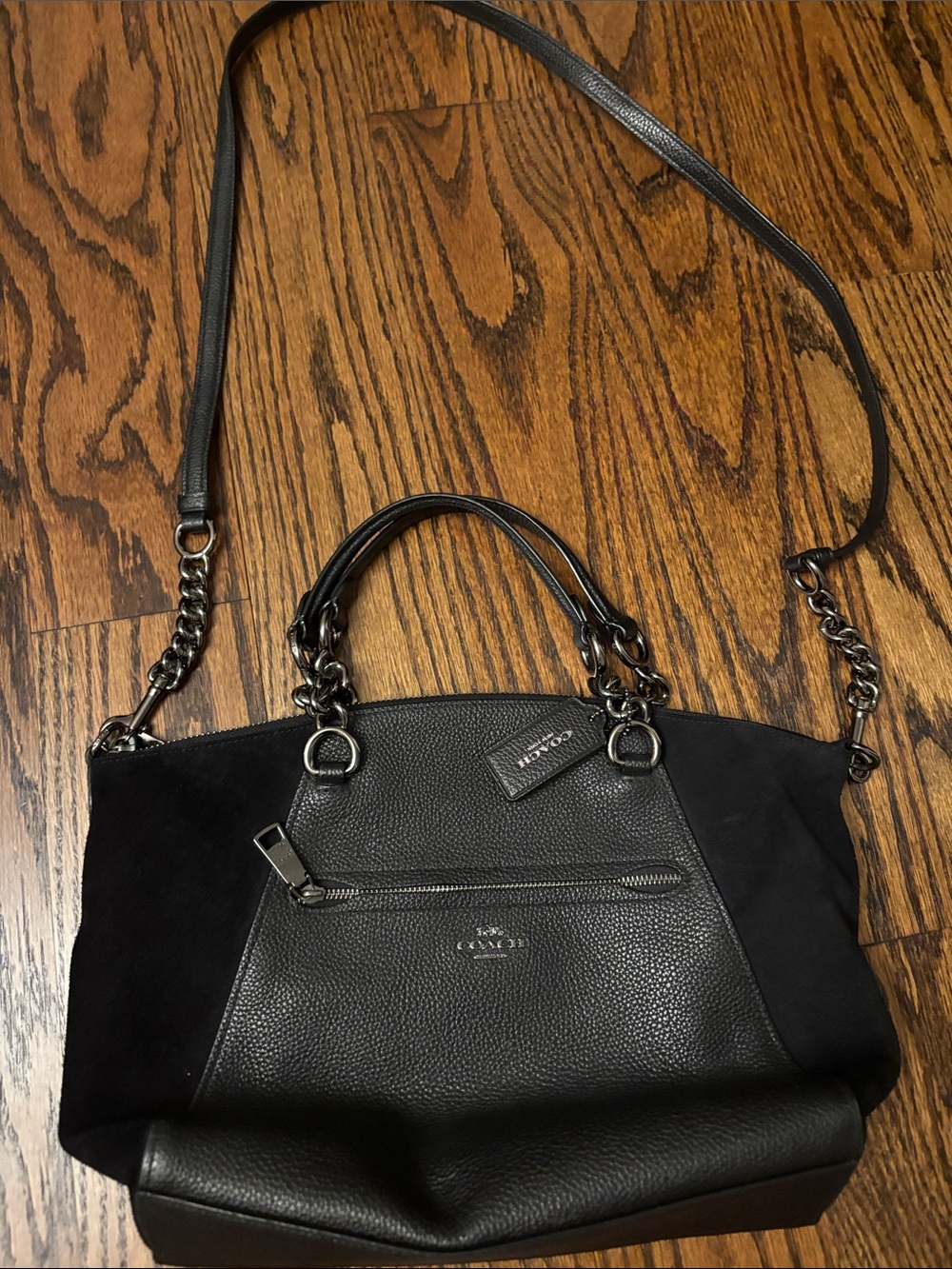 Coach Two-Tone Black Leather and Suede Shoulder Bag with Chain Strap